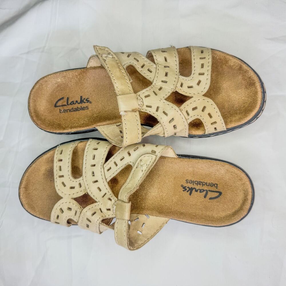 Clarks Collection Cream Beige Leather Woven Cut Out Slide Sandals Sz 5